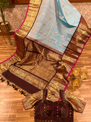 Sky blue and chocolate brown tone Gadwal saree