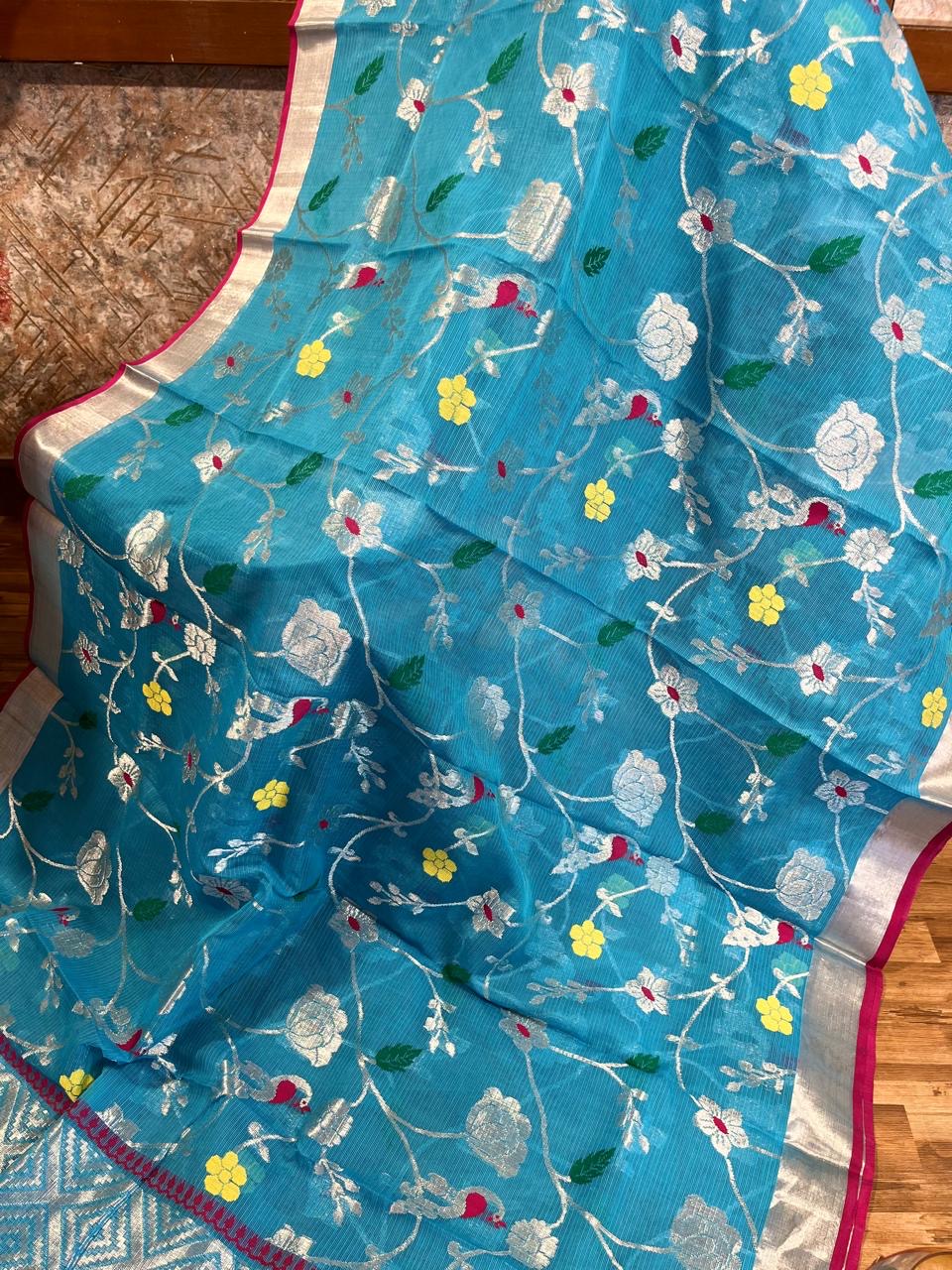 Designer All Over Jaal Pure Zari Kota Saree with Contrast Blouse