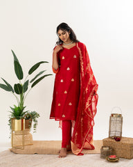 Red Pure Banarasi Kora Silk Straight Suit