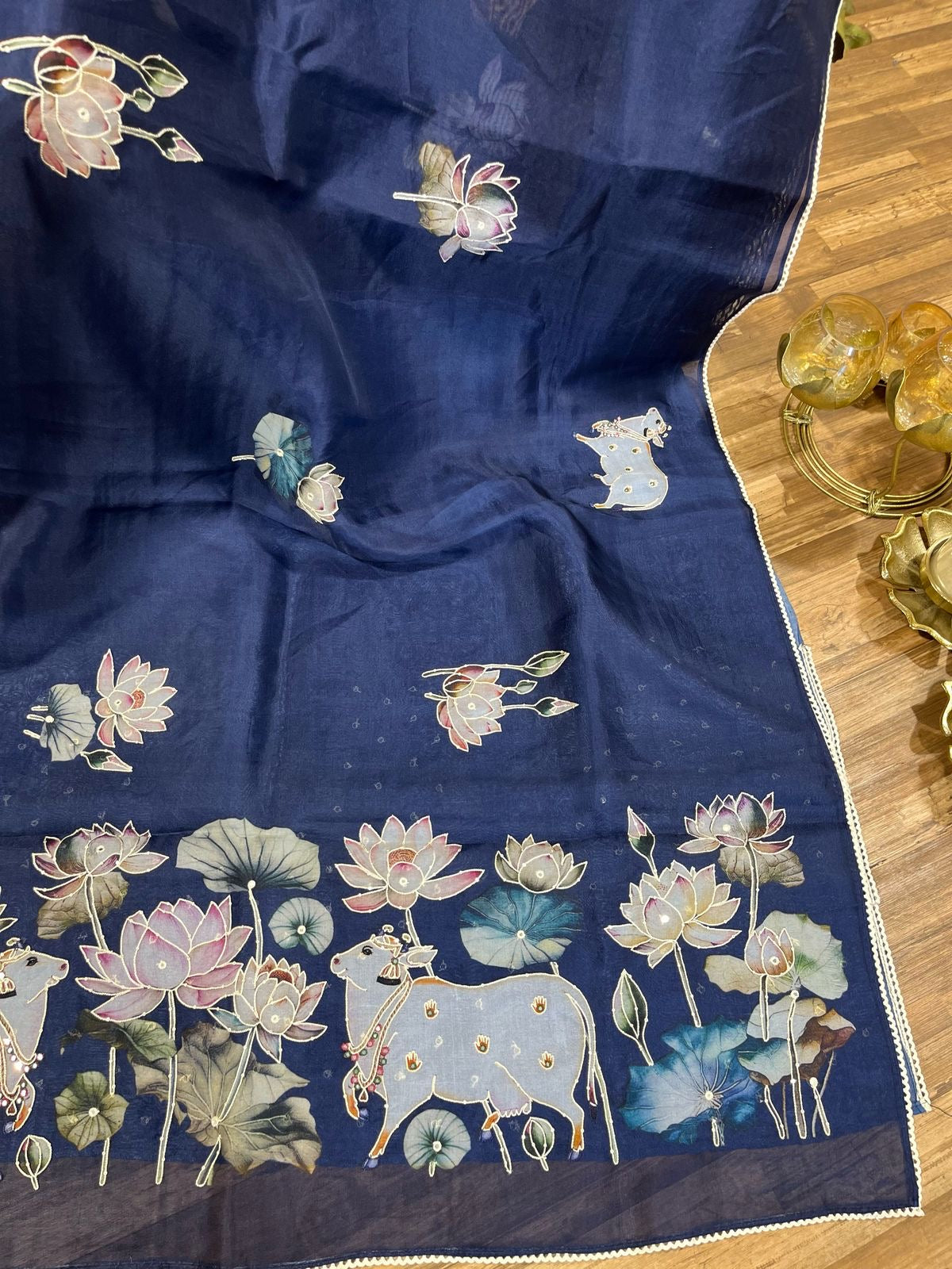 Royal Blue Designer Floral Print Pure Organza