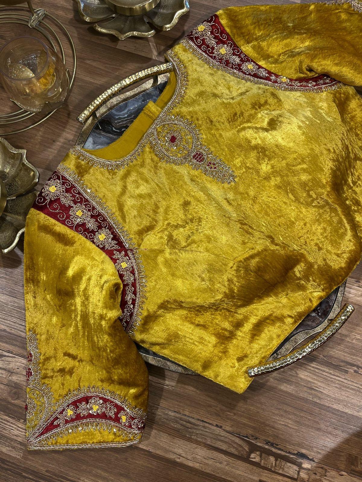 Yellow and Red Combination Shade Velvet Designer Blouse
