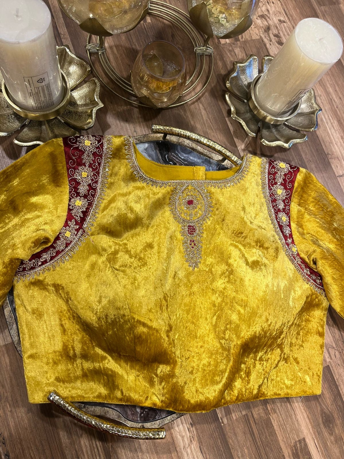 Yellow and Red Combination Shade Velvet Designer Blouse