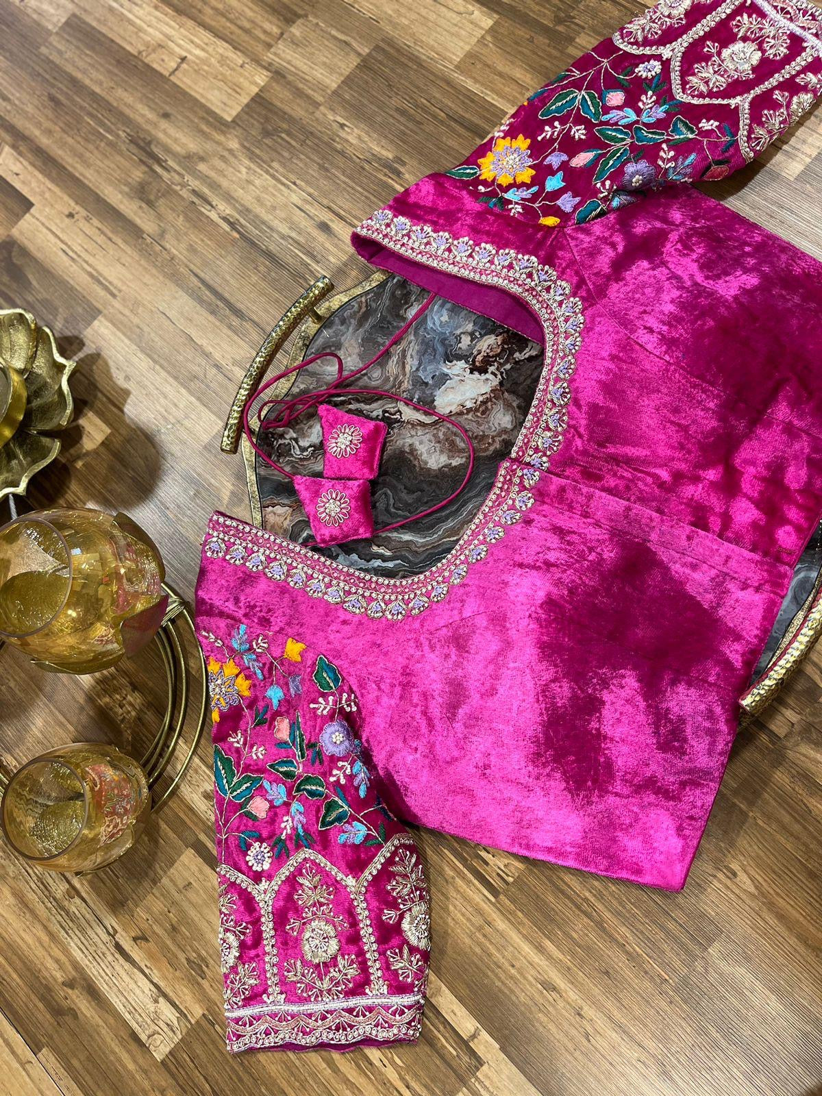 Rani Pink Velvet Handworked Blouse