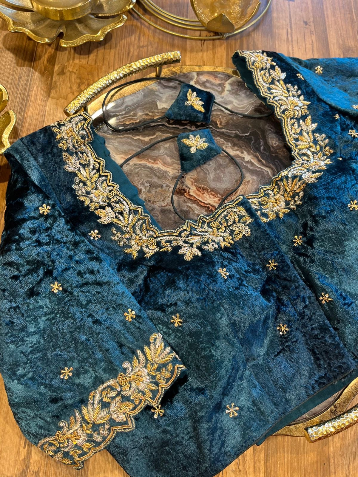 Peacock Blue Shade Velvet Designer Blouse