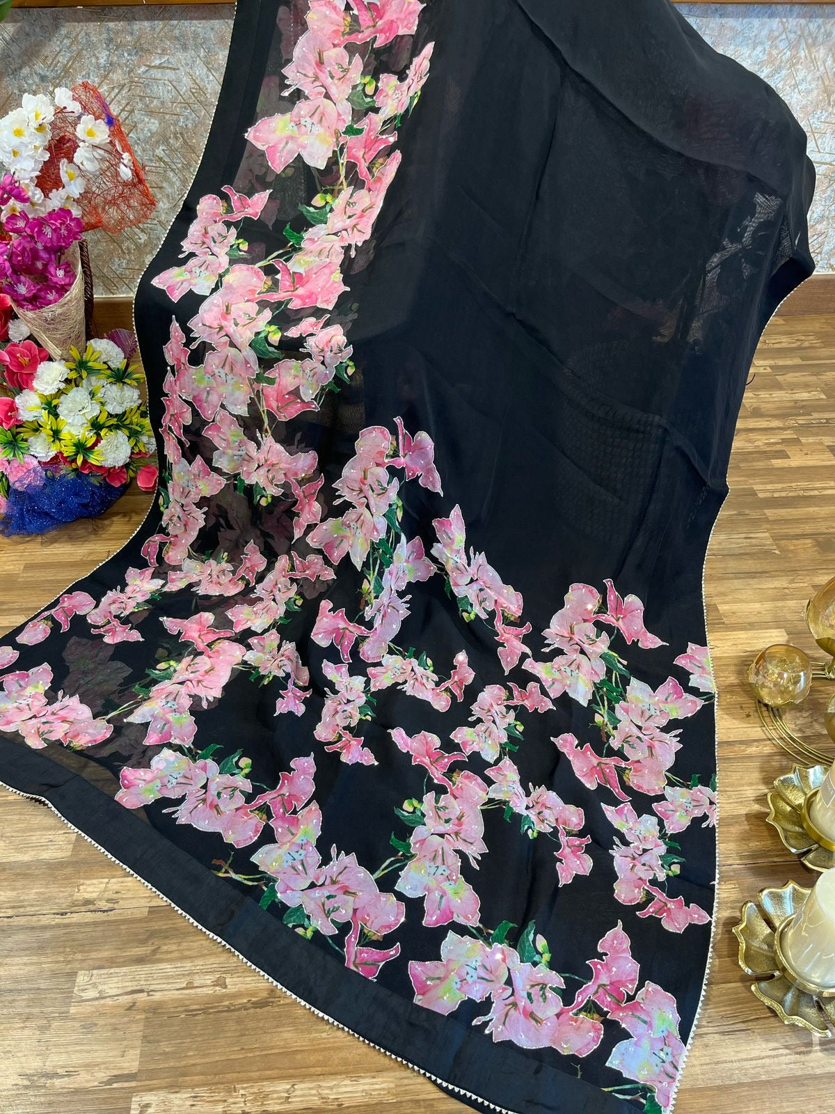 Black Designer Bougainvillea Digital Print On Pure Organza