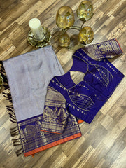 Grey and Deep Navy toned allover  Gadwal brocade saree