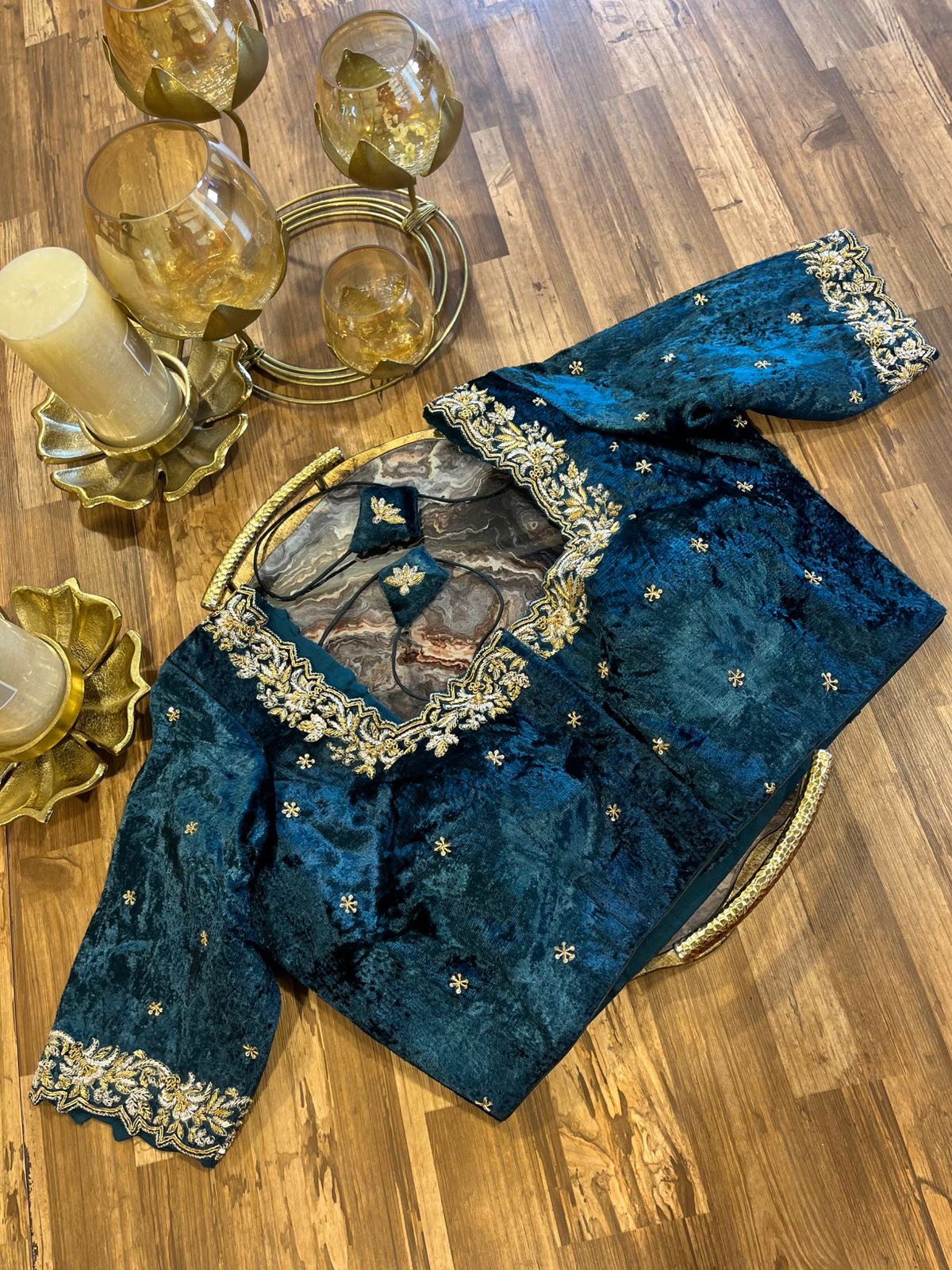 Peacock Blue Shade Velvet Designer Blouse