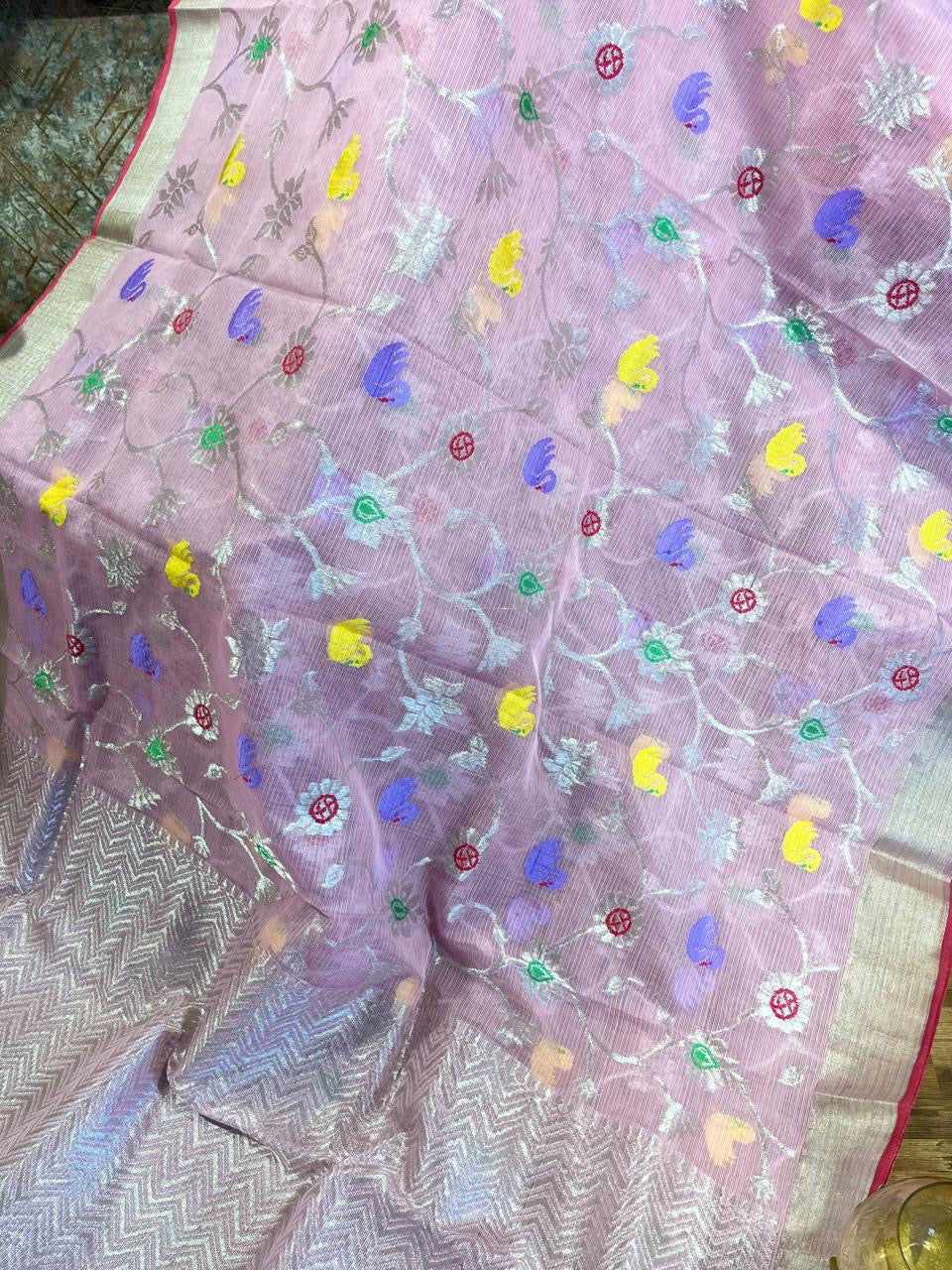 Designer All Over Jaal Pure Zari Kota Saree with Contrast Blouse