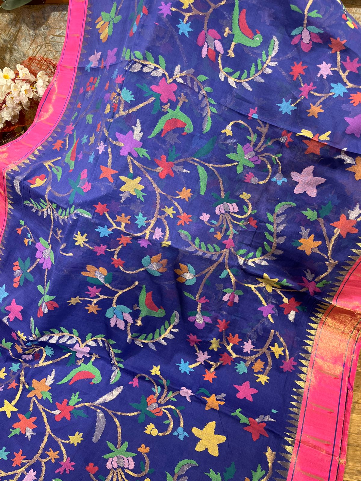 Blue and Pink Tissue Paithani Border