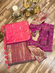 Coral peach and pinkish maroon toned allover Jari checks Gadwal saree