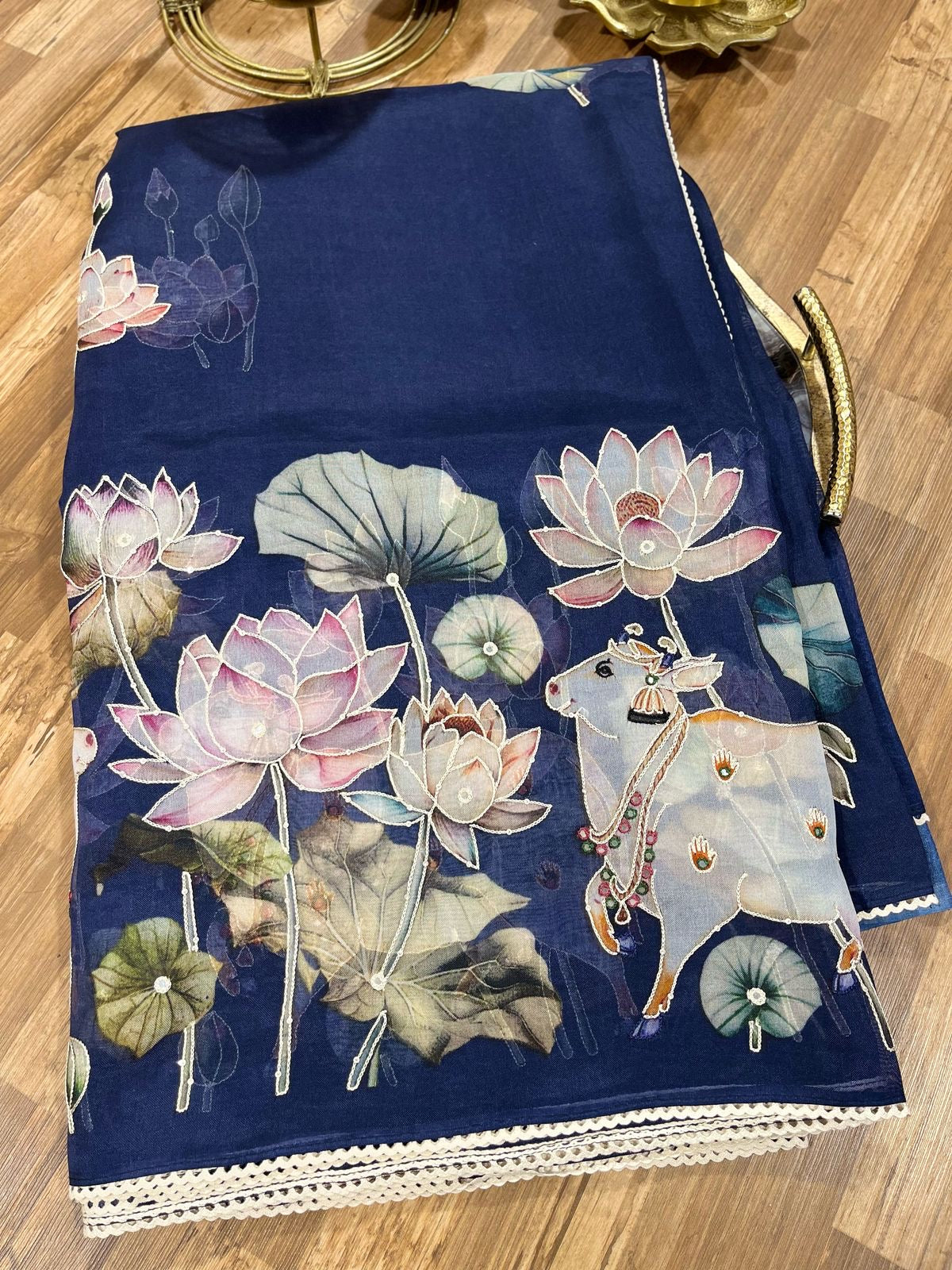 Royal Blue Designer Floral Print Pure Organza