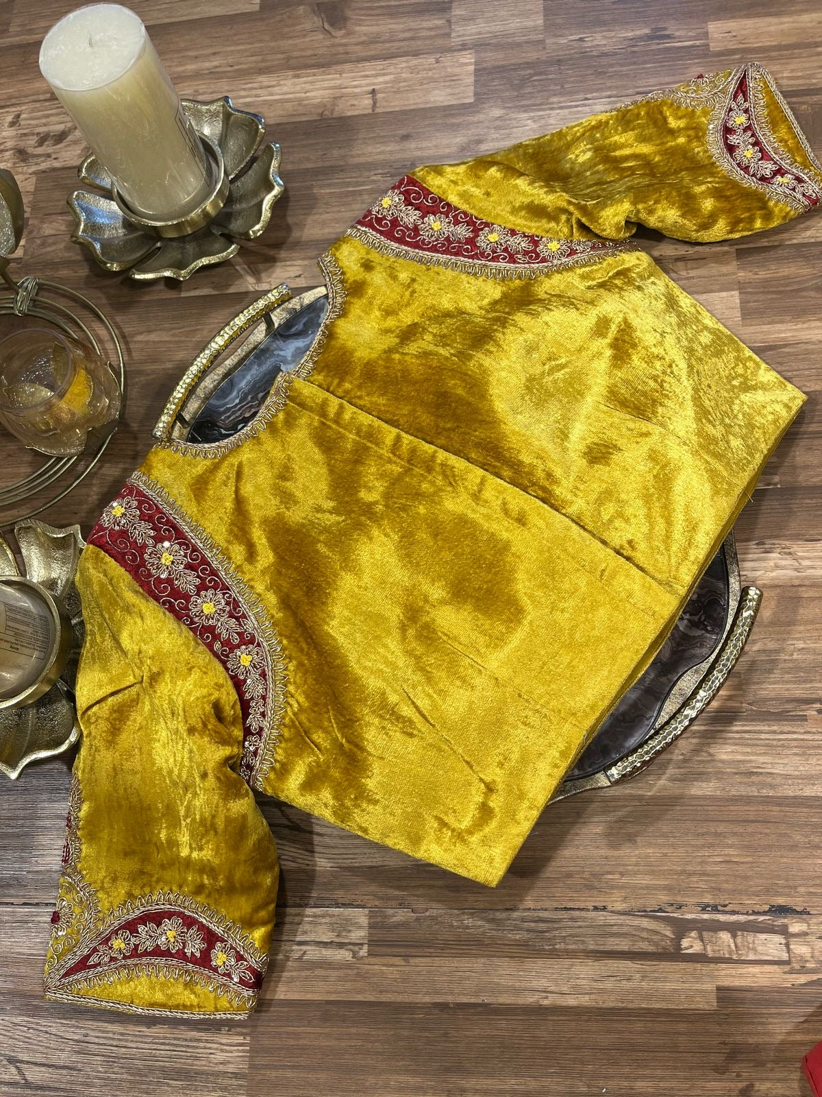 Yellow and Red Combination Shade Velvet Designer Blouse