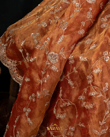 Rust Orange Pure Organza All Over Handwork Embroidered and Saree