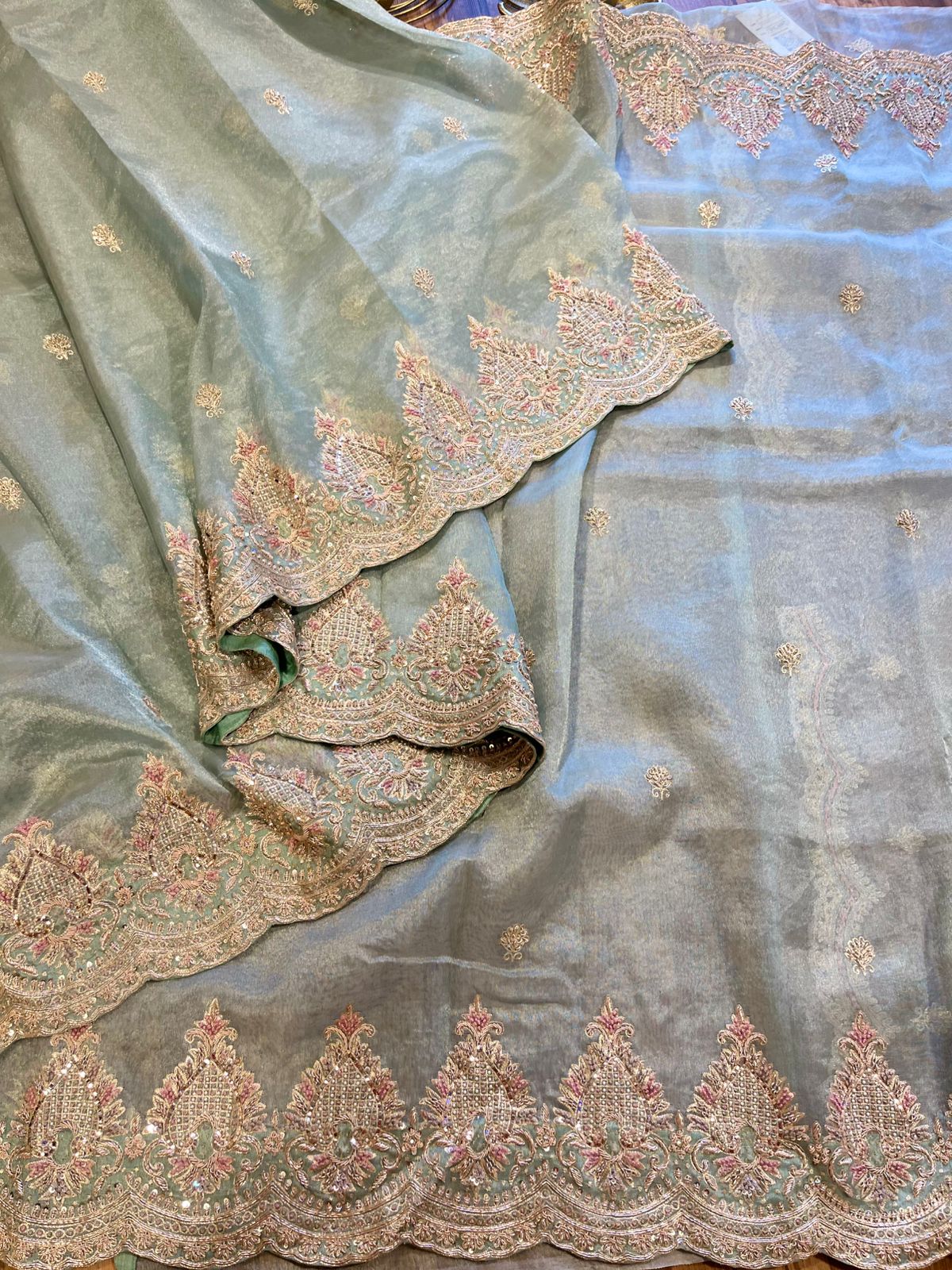 Powder Blue Handloom Handworked Organza Saree