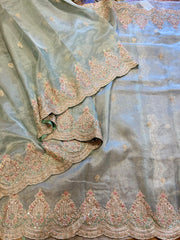 Powder Blue Handloom Handworked Organza Saree