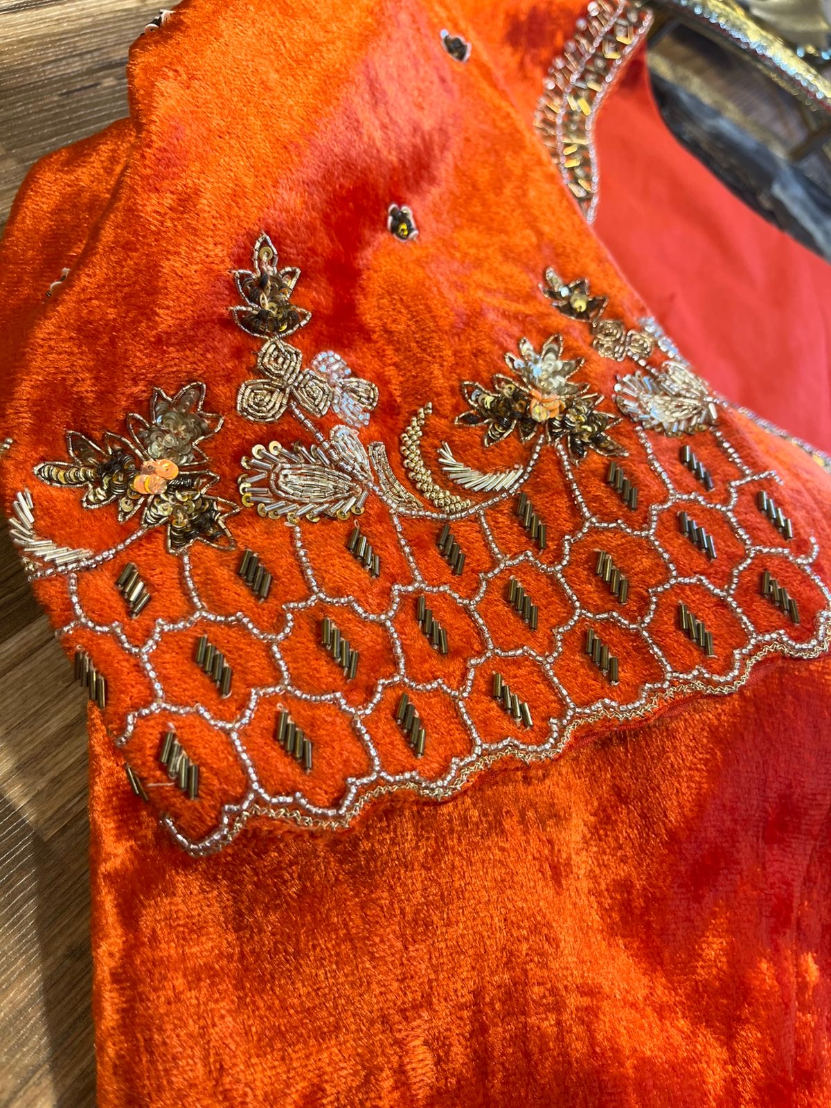 Orange Shade Velvet Designer Blouse