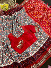 Grey and Maroon Twill Ikkat With Gota Work Saree