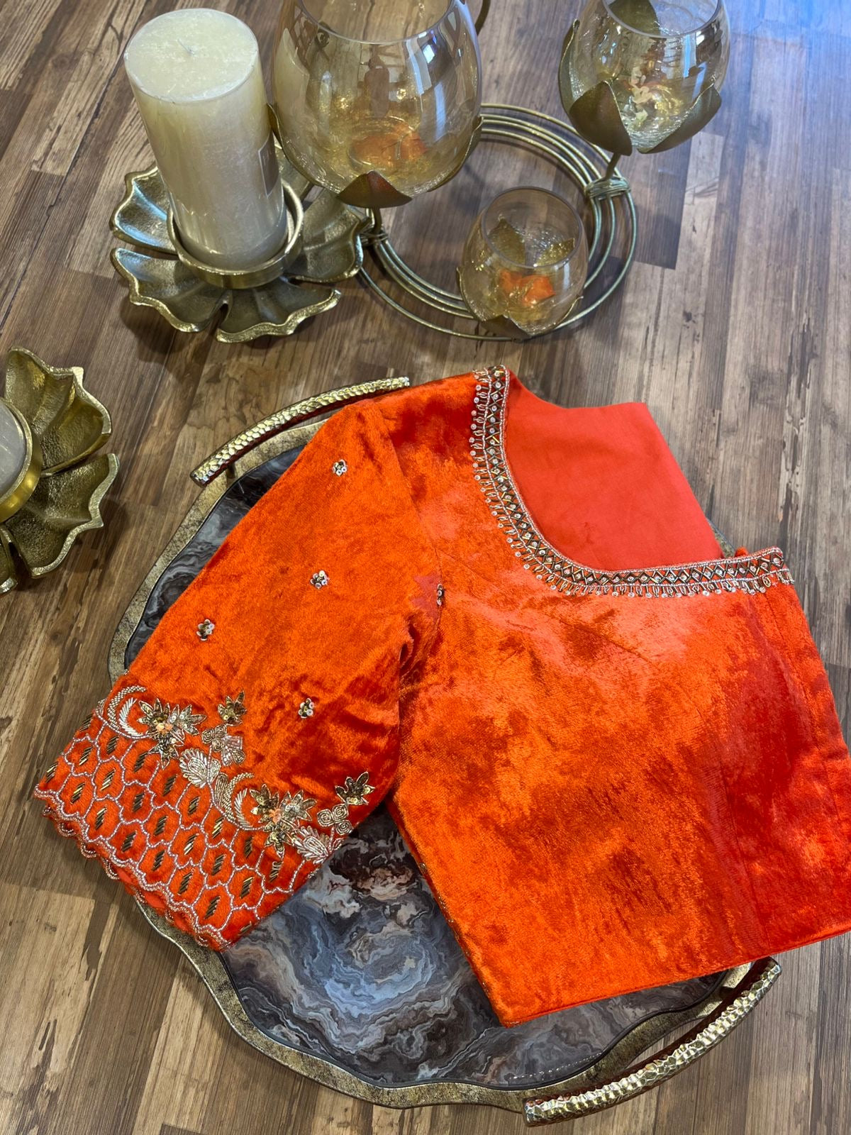 Orange Shade Velvet Designer Blouse