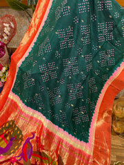 Bottle Green Triple Muniya Paithani Bandhini