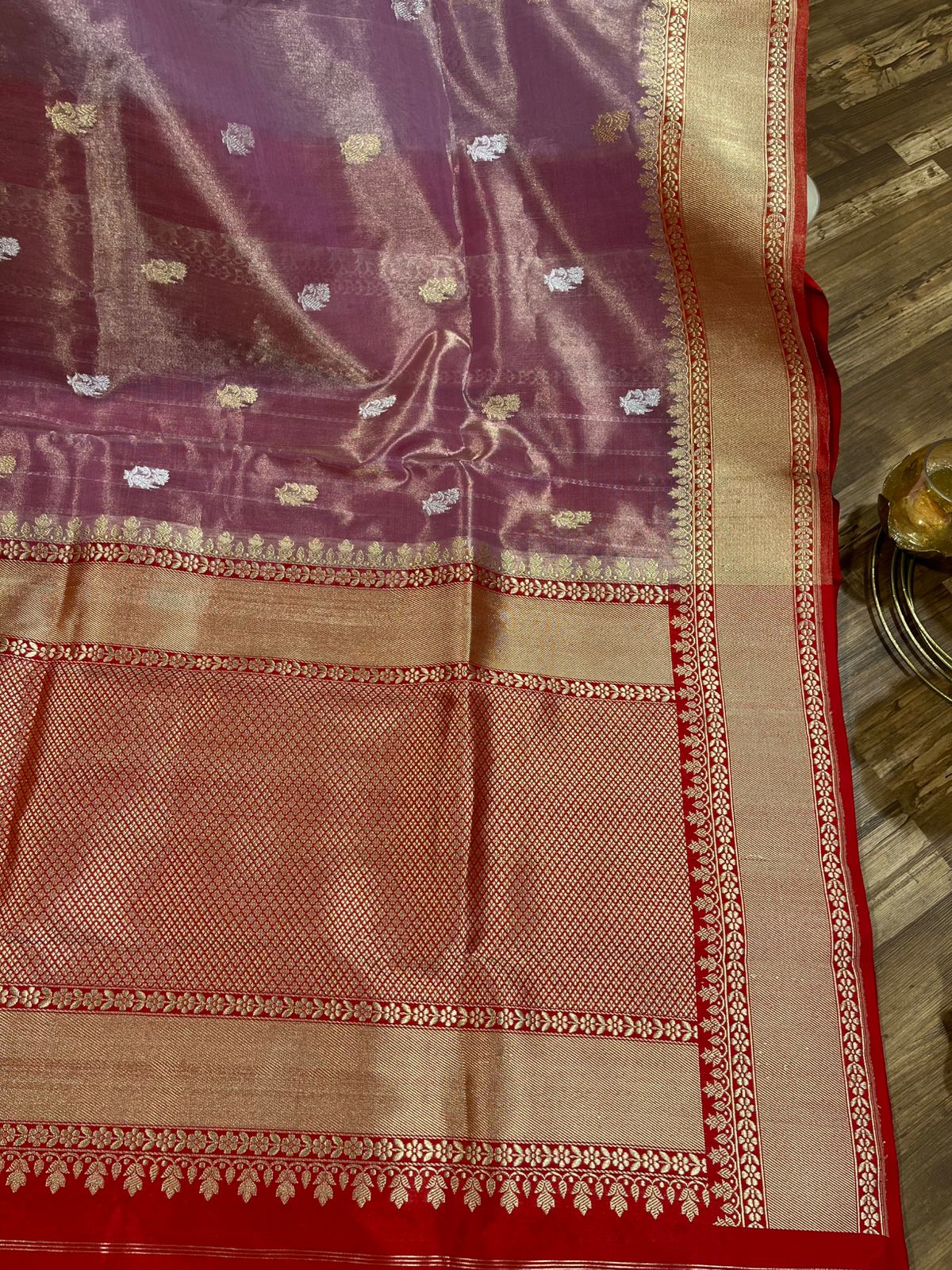 Lavender /Mauve Mix and Red Kora Tissue Banarasi