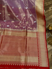 Lavender /Mauve Mix and Red Kora Tissue Banarasi