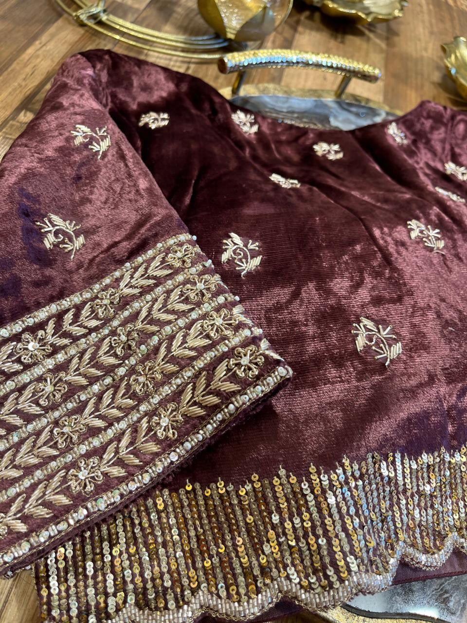 Chocolate Brown Velvet Handworked Blouse