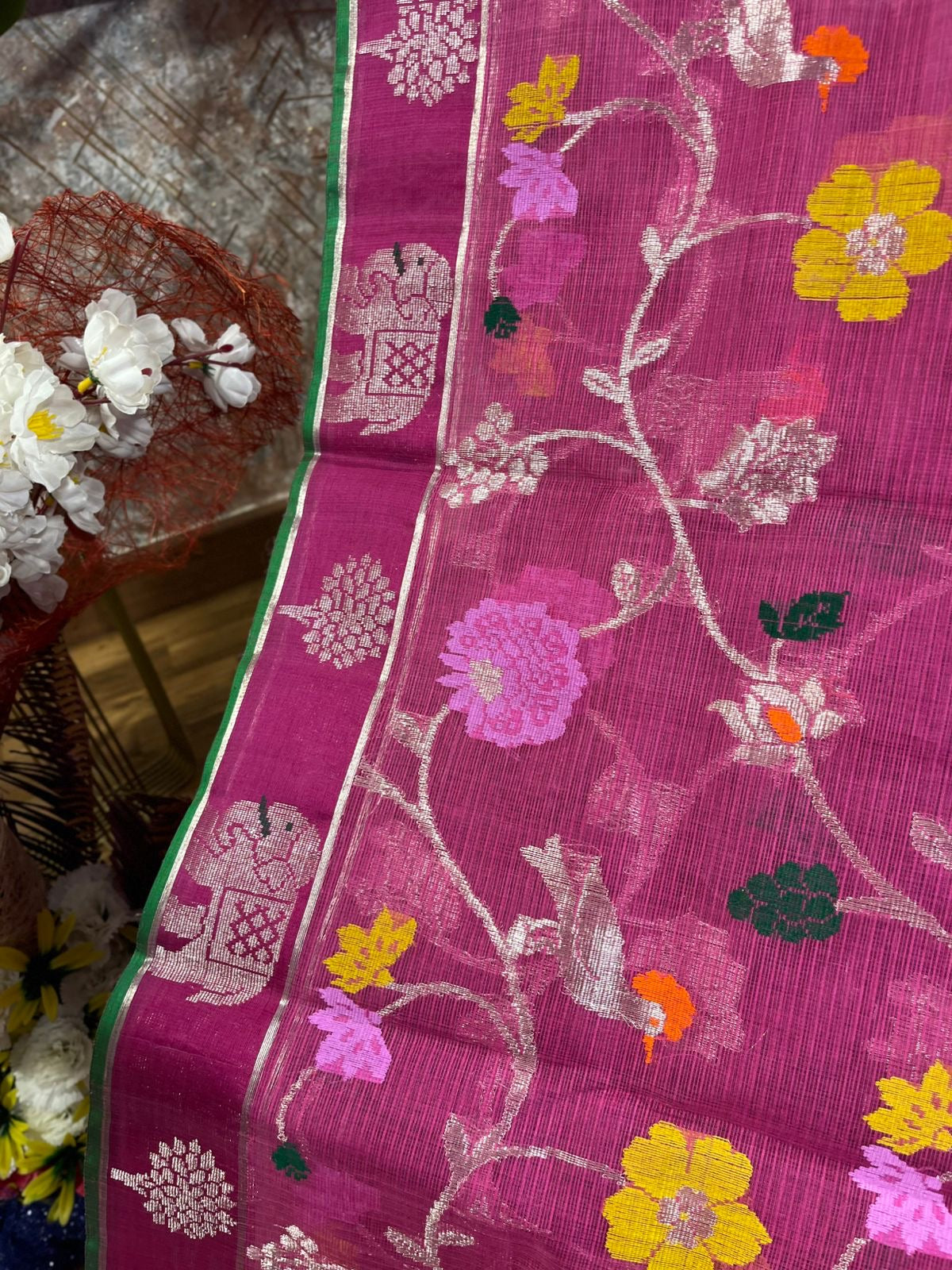 Designer All Over Jaal Pure Zari Kota Saree with Contrast Blouse