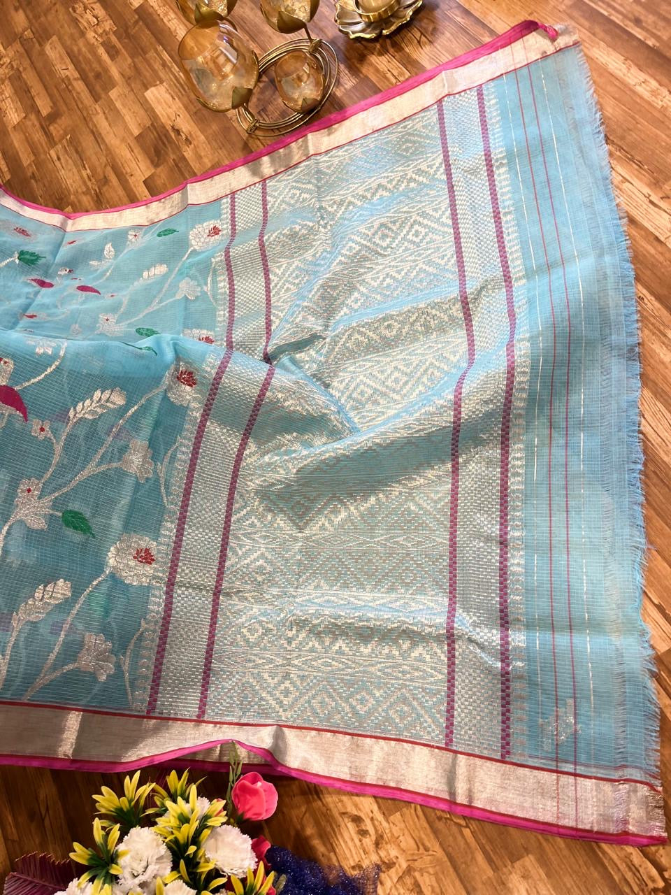 Designer All Over Jaal Pure Zari Kota Saree with Contrast Blouse