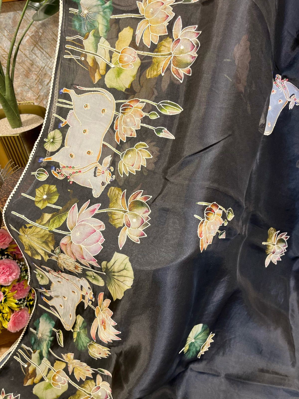 Black Designer Floral Print Pure Organza