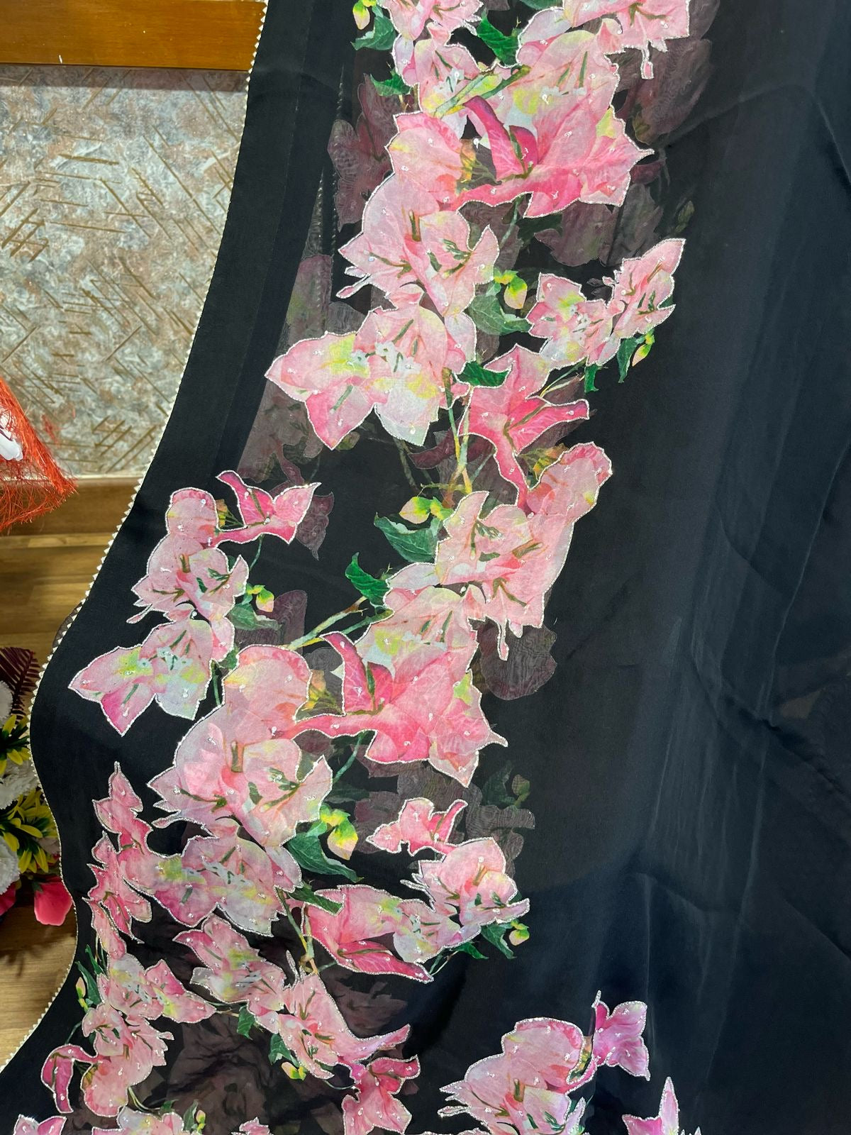 Black Designer Bougainvillea Digital Print On Pure Organza