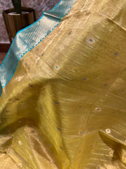 Lime Green and Sea Blue Chanderi Pure Silk