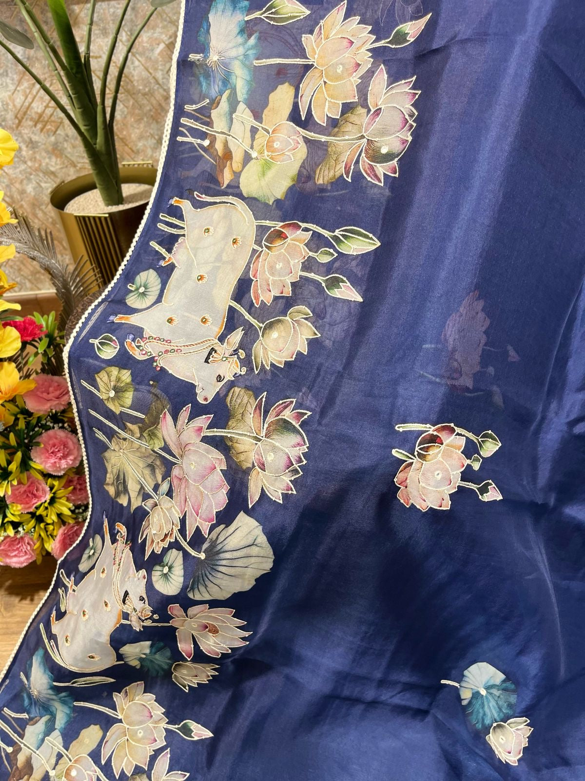 Royal Blue Designer Floral Print Pure Organza