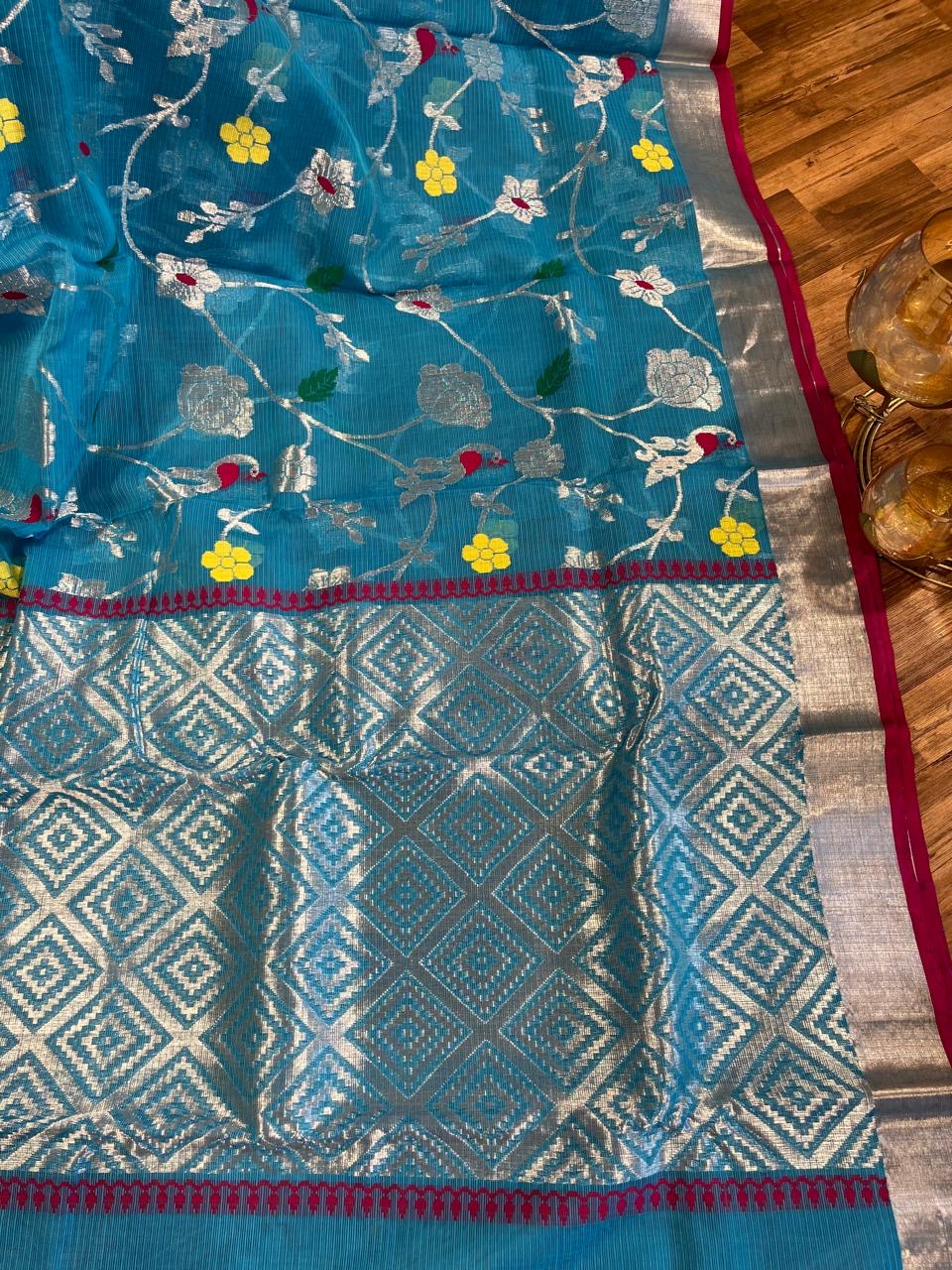 Designer All Over Jaal Pure Zari Kota Saree with Contrast Blouse