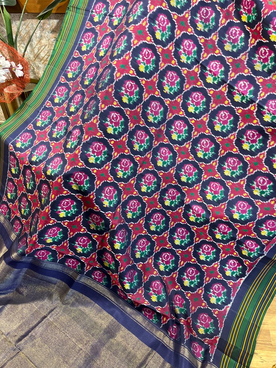 Navy Blue and Green Twill ikkat