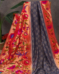 Navy Cottan Jamdhani with Paithani Exclusive Masterpiece Fusion  Saree