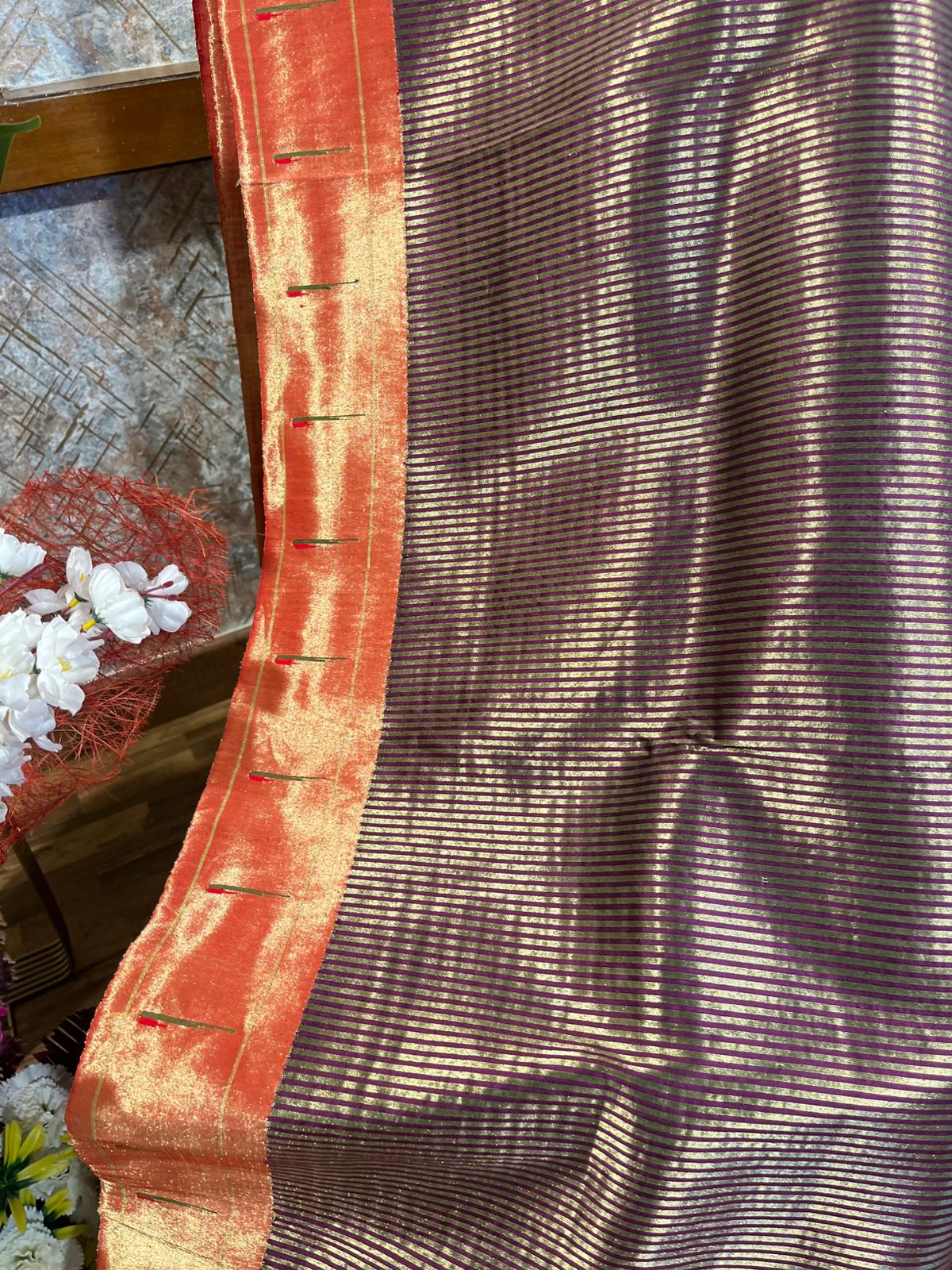 Wine Tissue Stripes Pure Silk Paithani