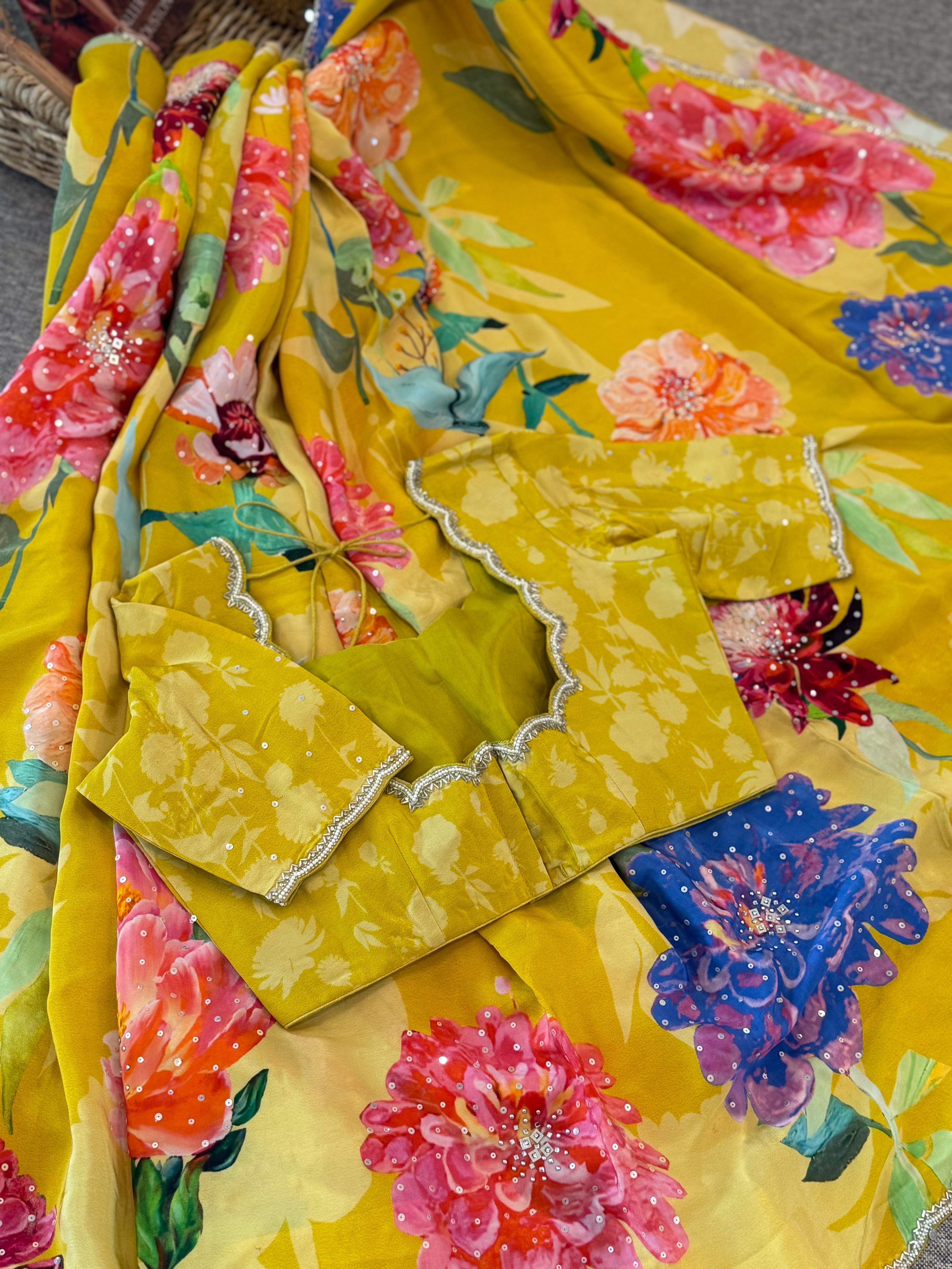 Yellow Crape Silk Saree