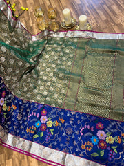 Green and Royal Blue Pure Zari kota Jamawar