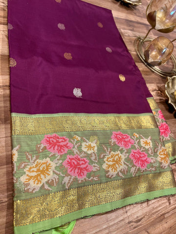 Magenta and Sage Green Pure Kanchi Silk