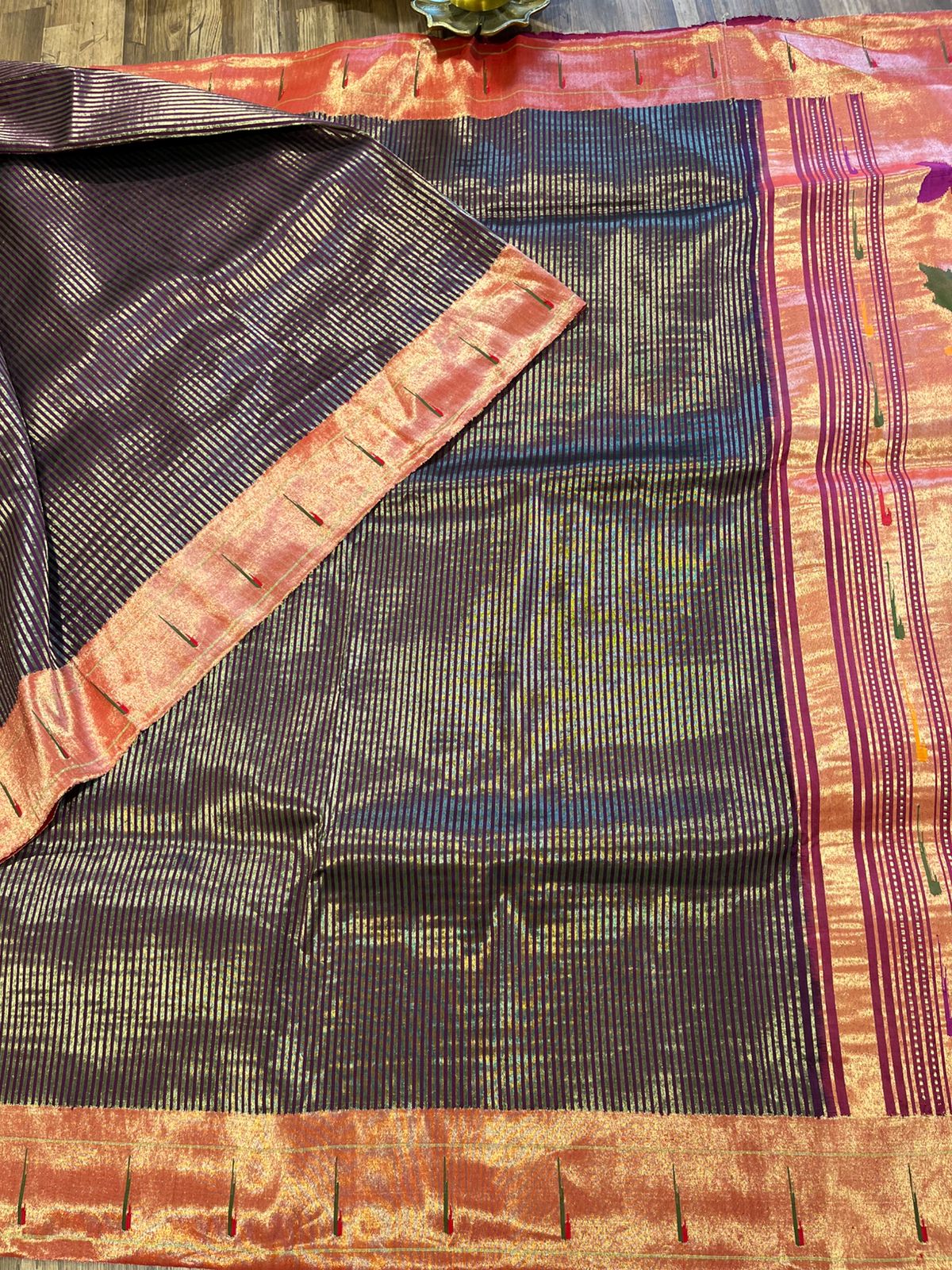 Wine Tissue Stripes Pure Silk Paithani