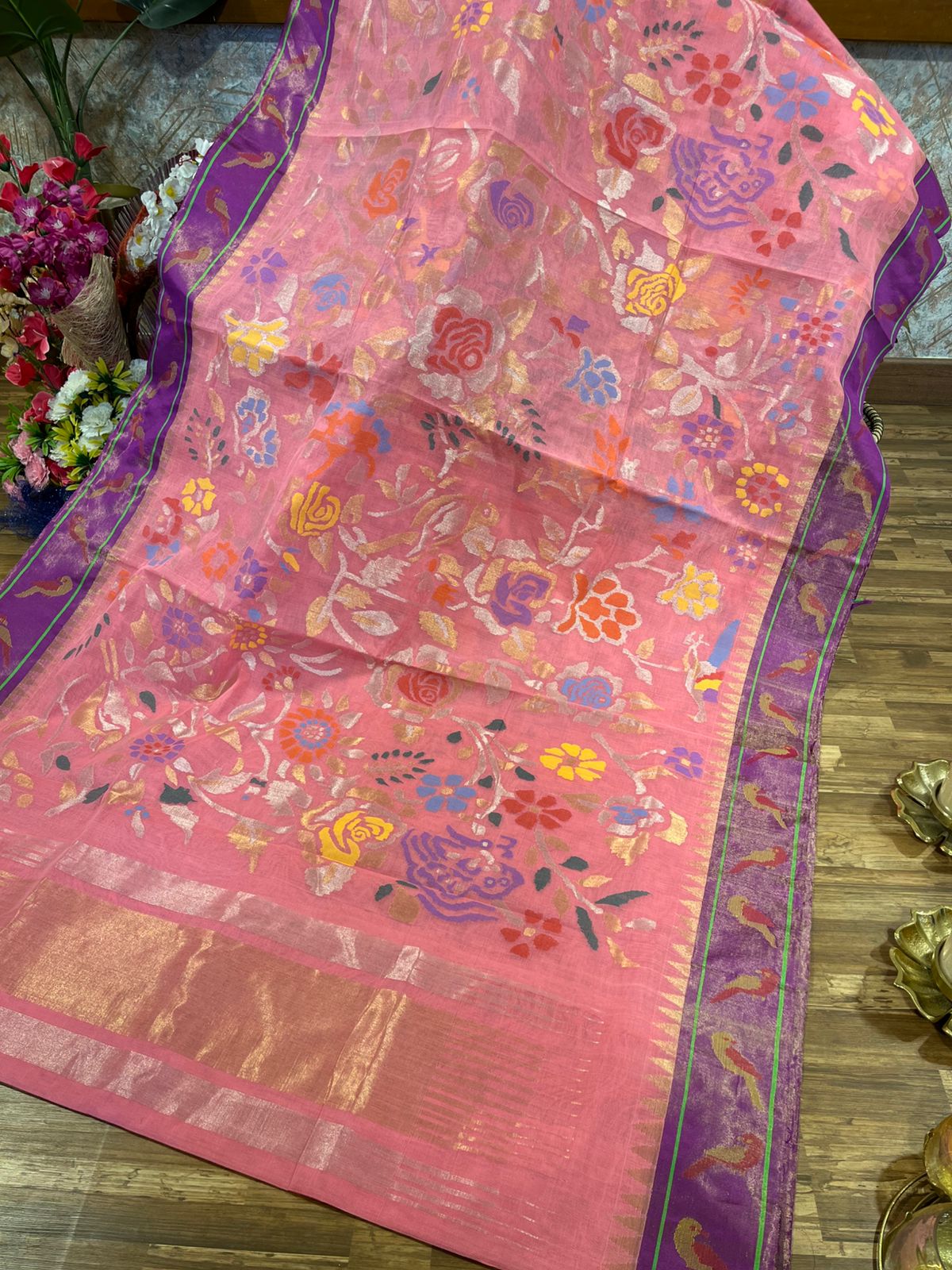 Pink and Purple Tissue Paithani Border