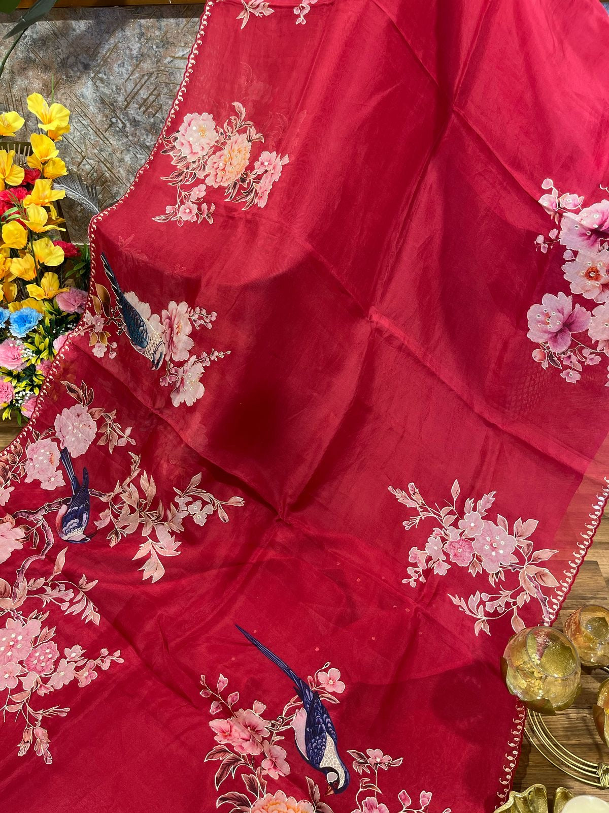 Red Designer Floral Print Organza