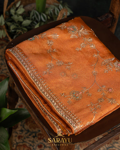Exclusive Burnt Orange All over Hand-worked Pure Organza Saree