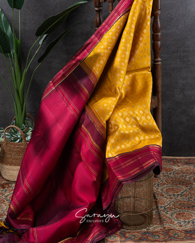 Beautiful Mustard Yellow and Maroon Red Pure Kanchi Silk
