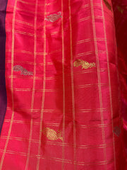 Coral peach and pinkish maroon toned allover Jari checks Gadwal saree