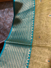 Lime Green and Sea Blue Chanderi Pure Silk