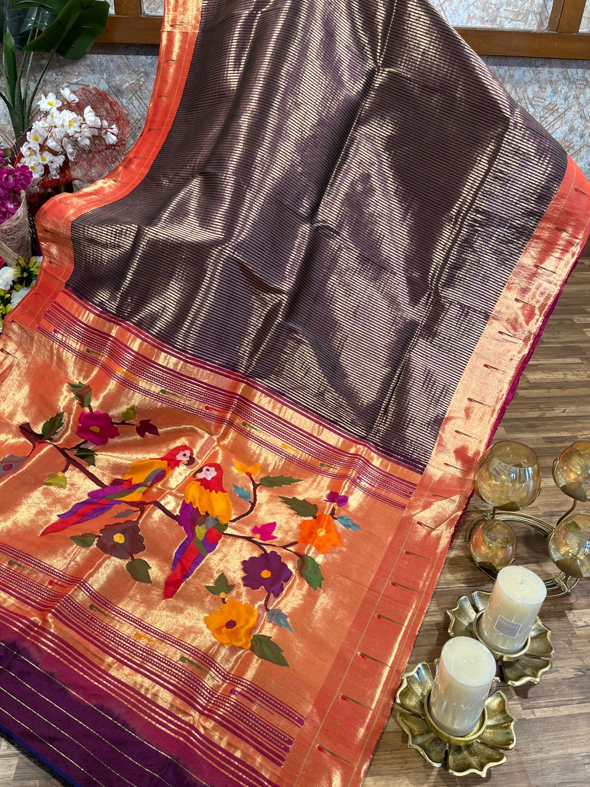 Wine Tissue Stripes Pure Silk Paithani