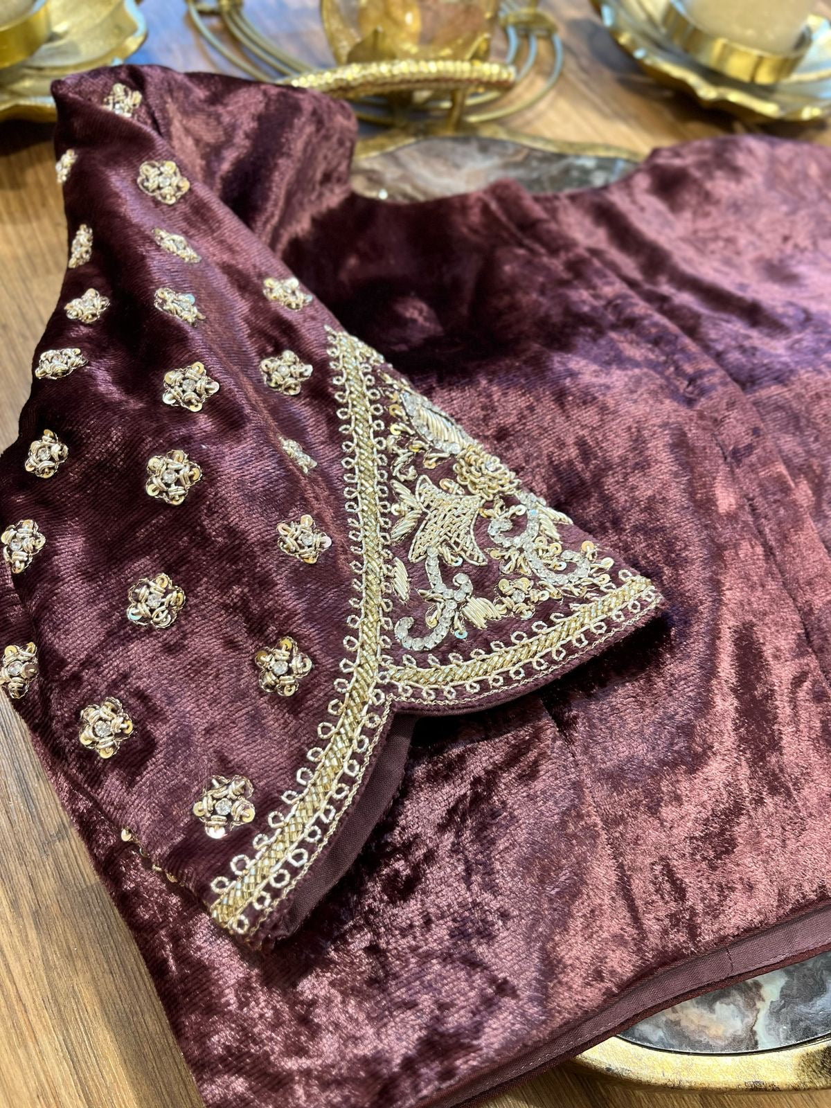 Chocolate Shade Velvet Designer Blouse