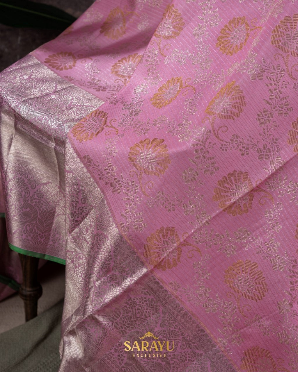 Rose Pink and Green Pure Kanchi Soft Brocade Silk