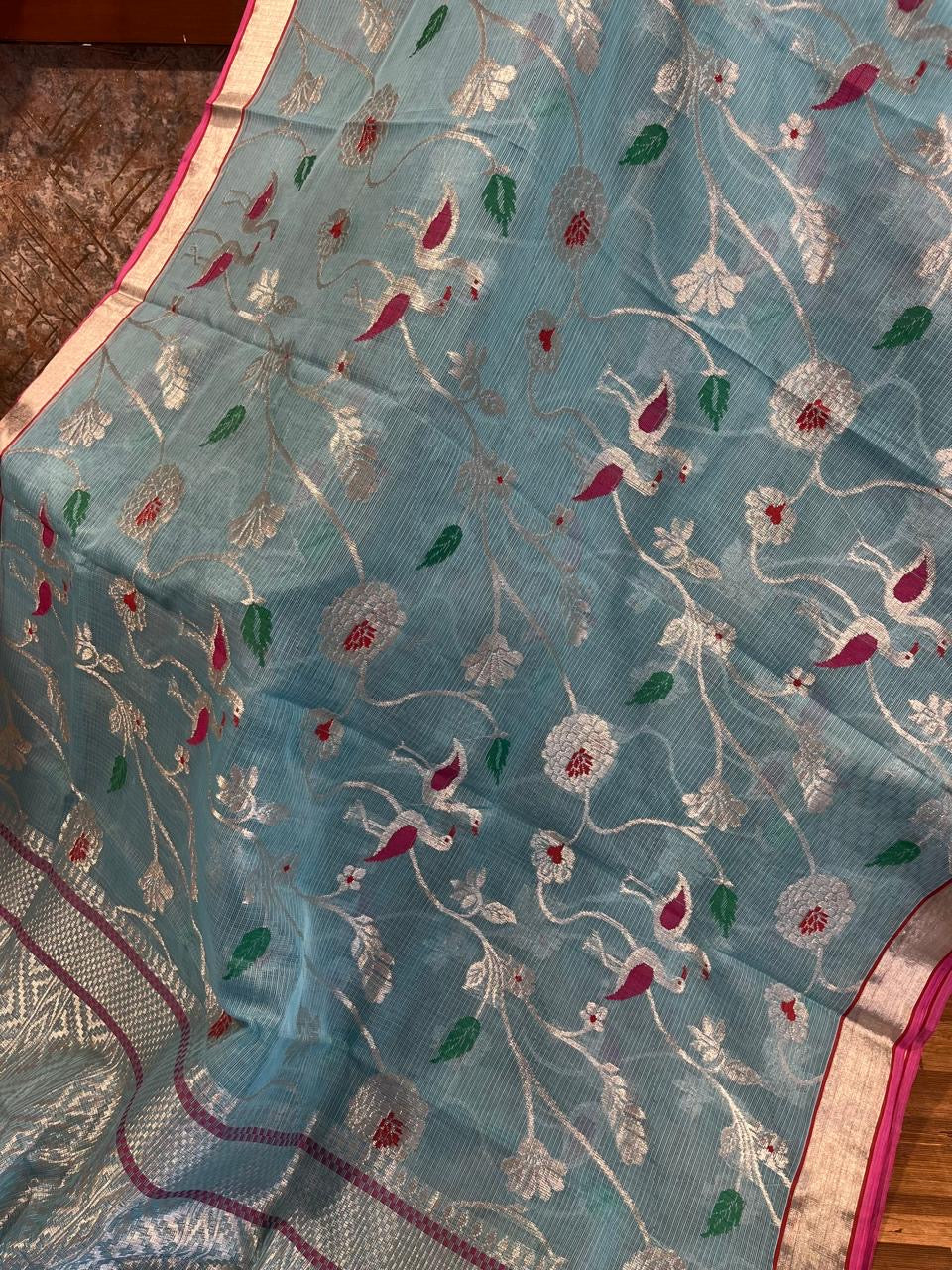 Designer All Over Jaal Pure Zari Kota Saree with Contrast Blouse